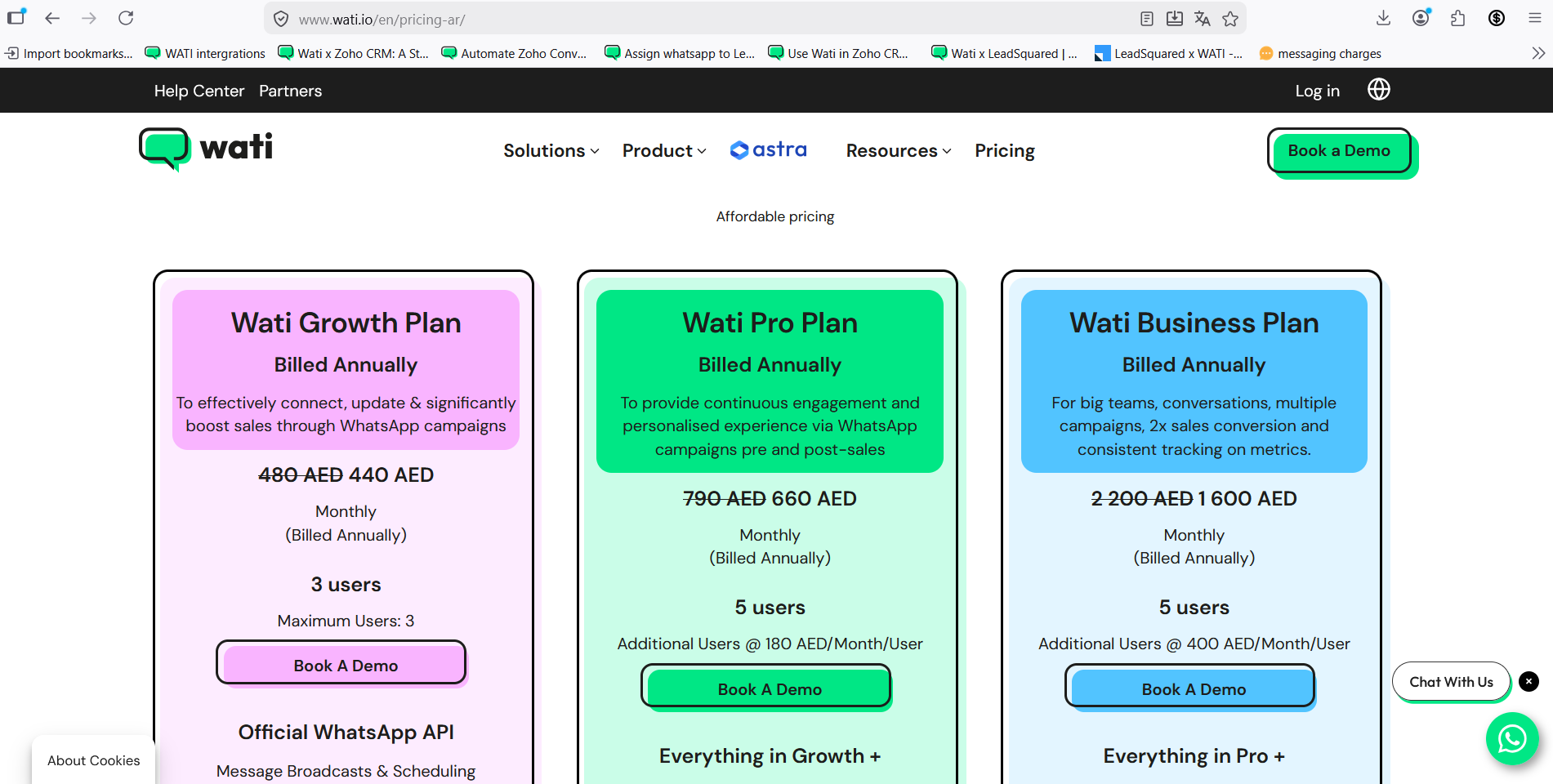 Wati package pricing displayed in UAE dirhams.